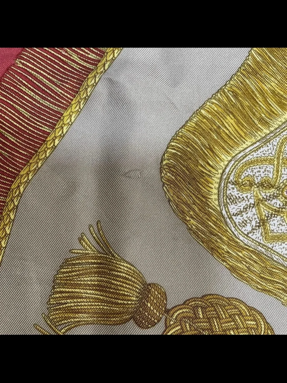 Hermes Red Gold Gray Printed Silk Scarf